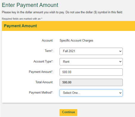 Screen shot of "Enter Payment Amount" screen with entry fields for Term, Account Type, Payment Amount, Total Amount, and Payment Method